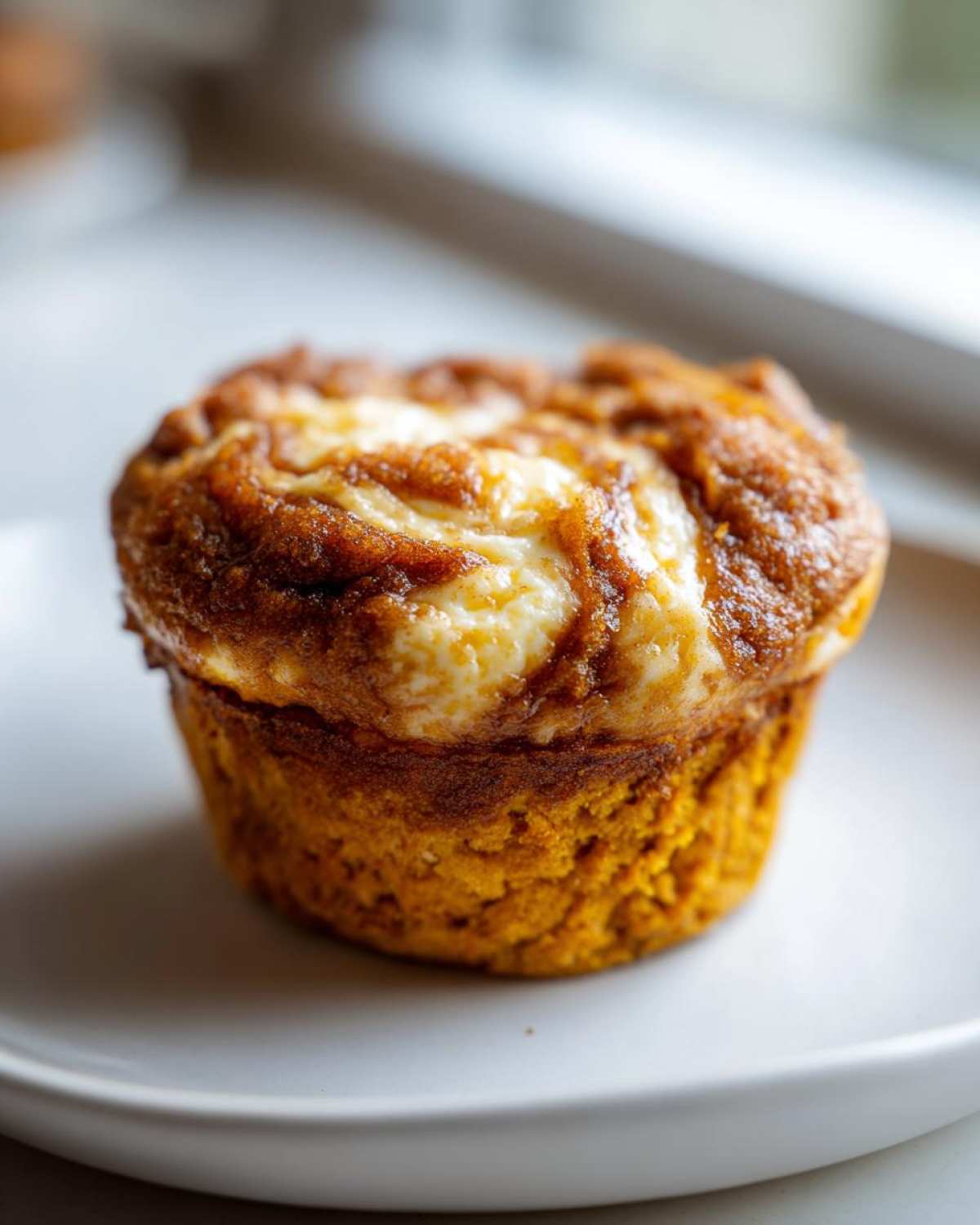 A single pumpkin cheesecake muffin sits on a white plate, showcasing the swirl of cheesecake topping.