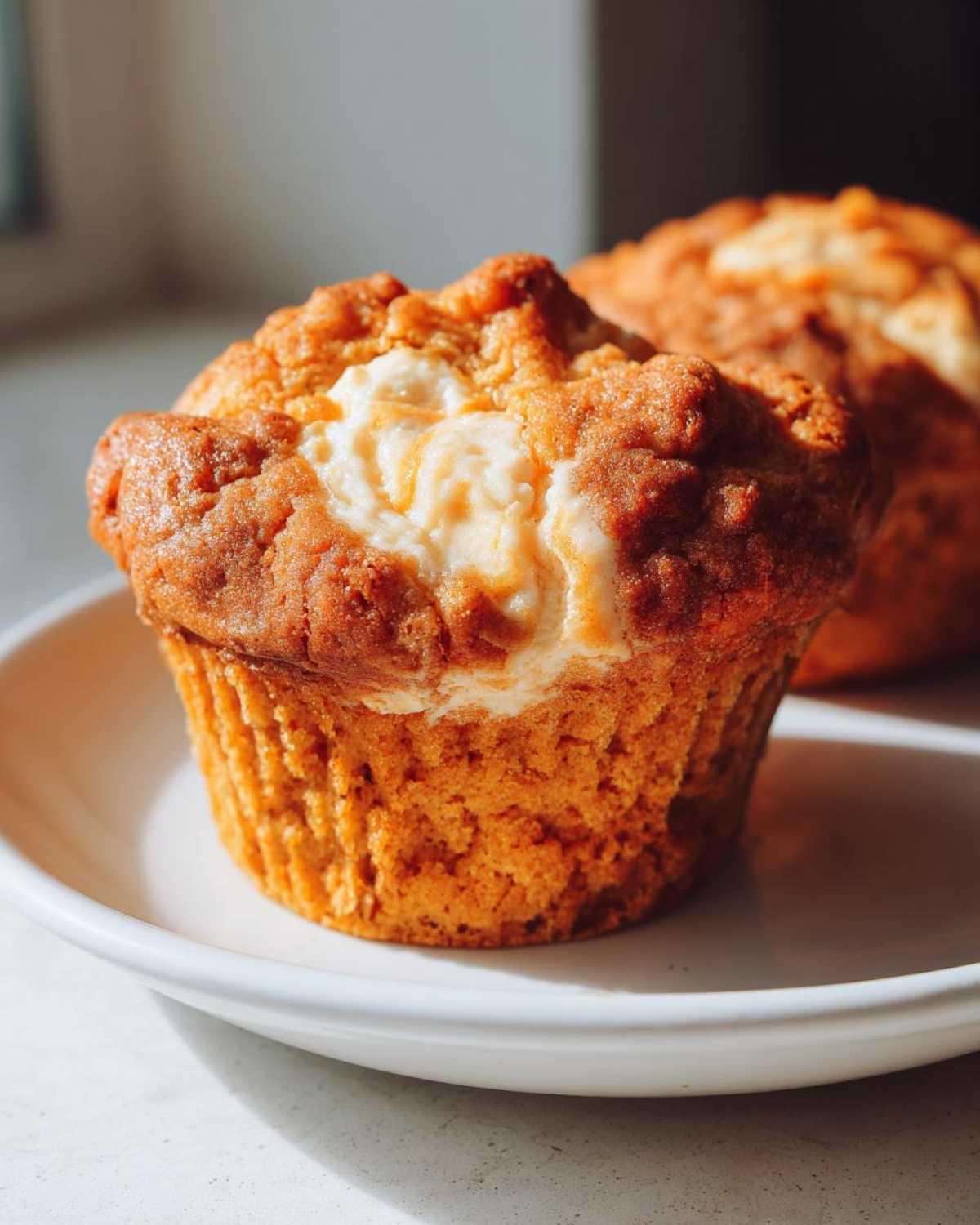 Close-up of a pumpkin cheesecake muffin with a creamy cheesecake swirl on a white plate.