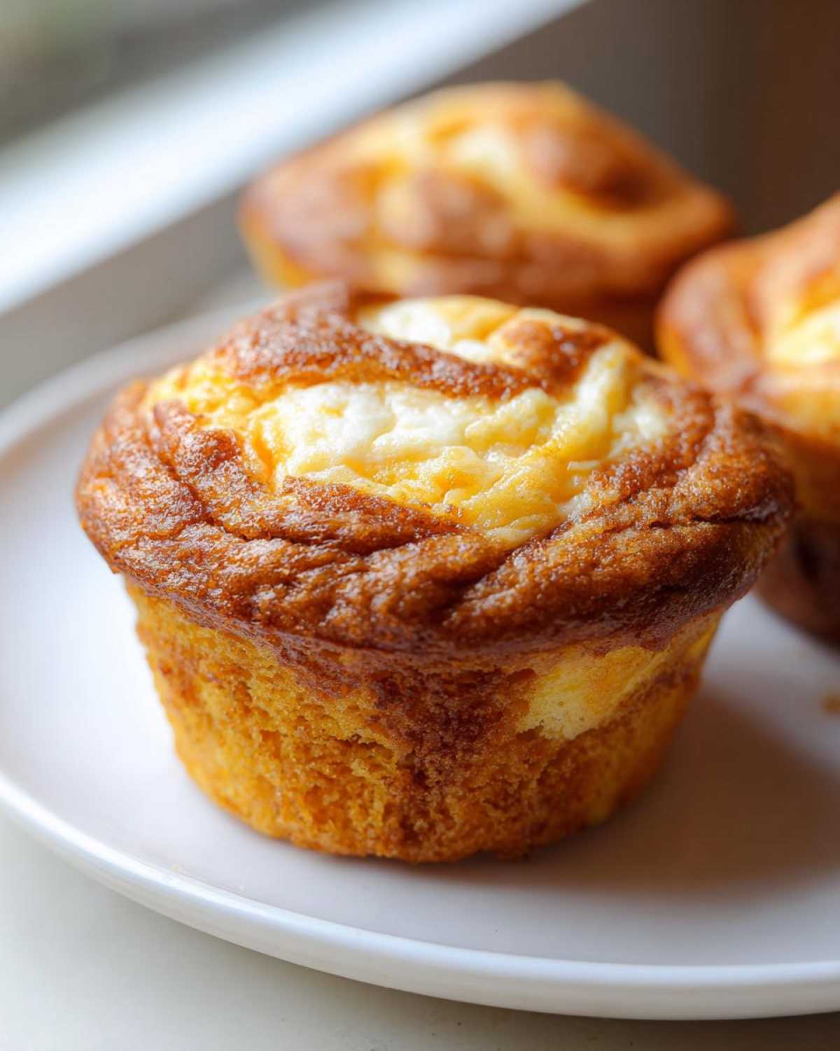 A close-up of pumpkin cheesecake muffins with a creamy swirl topping on a white plate.