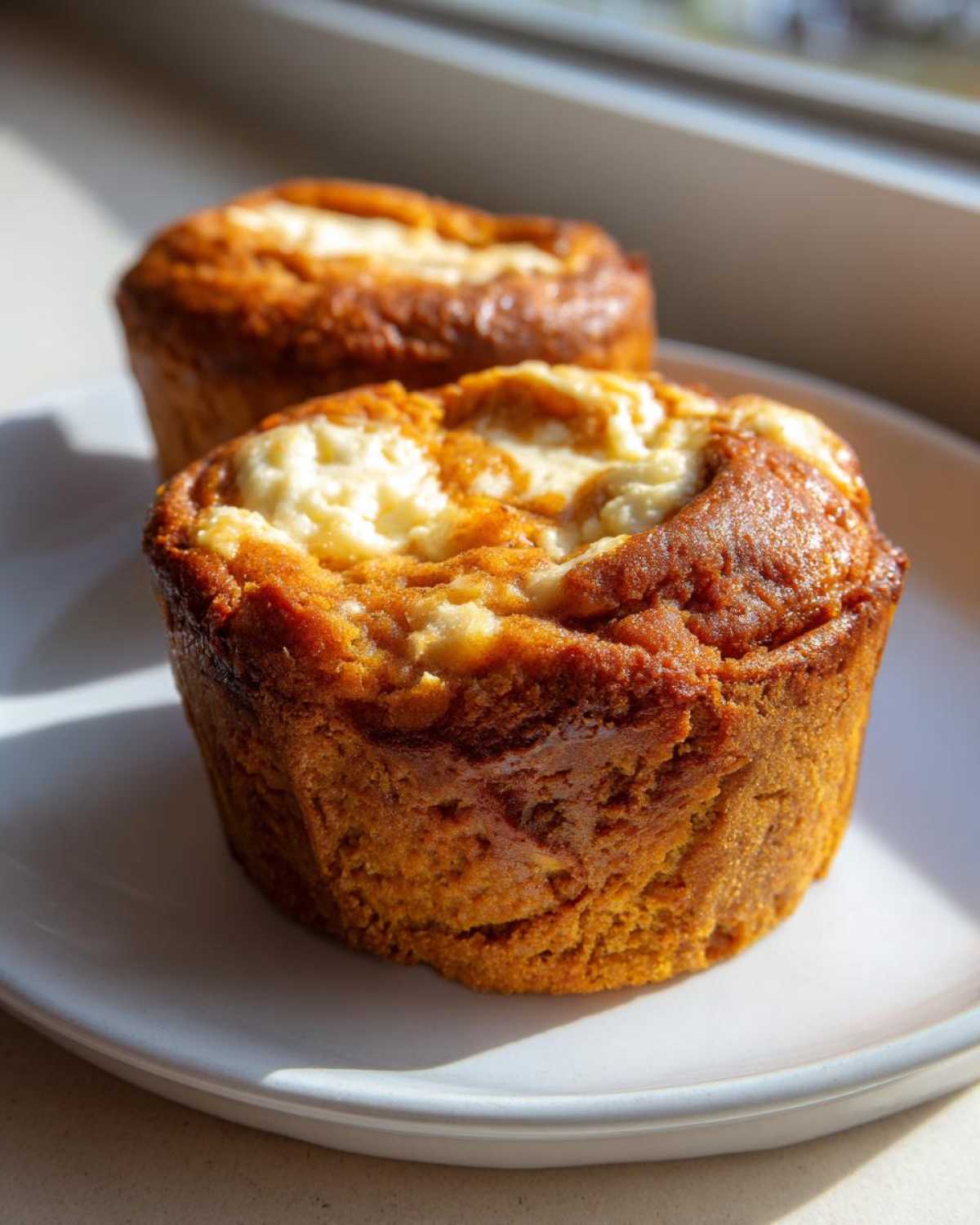 Two pumpkin cheesecake muffins with a cream cheese swirl on a white plate, lit by sunlight.