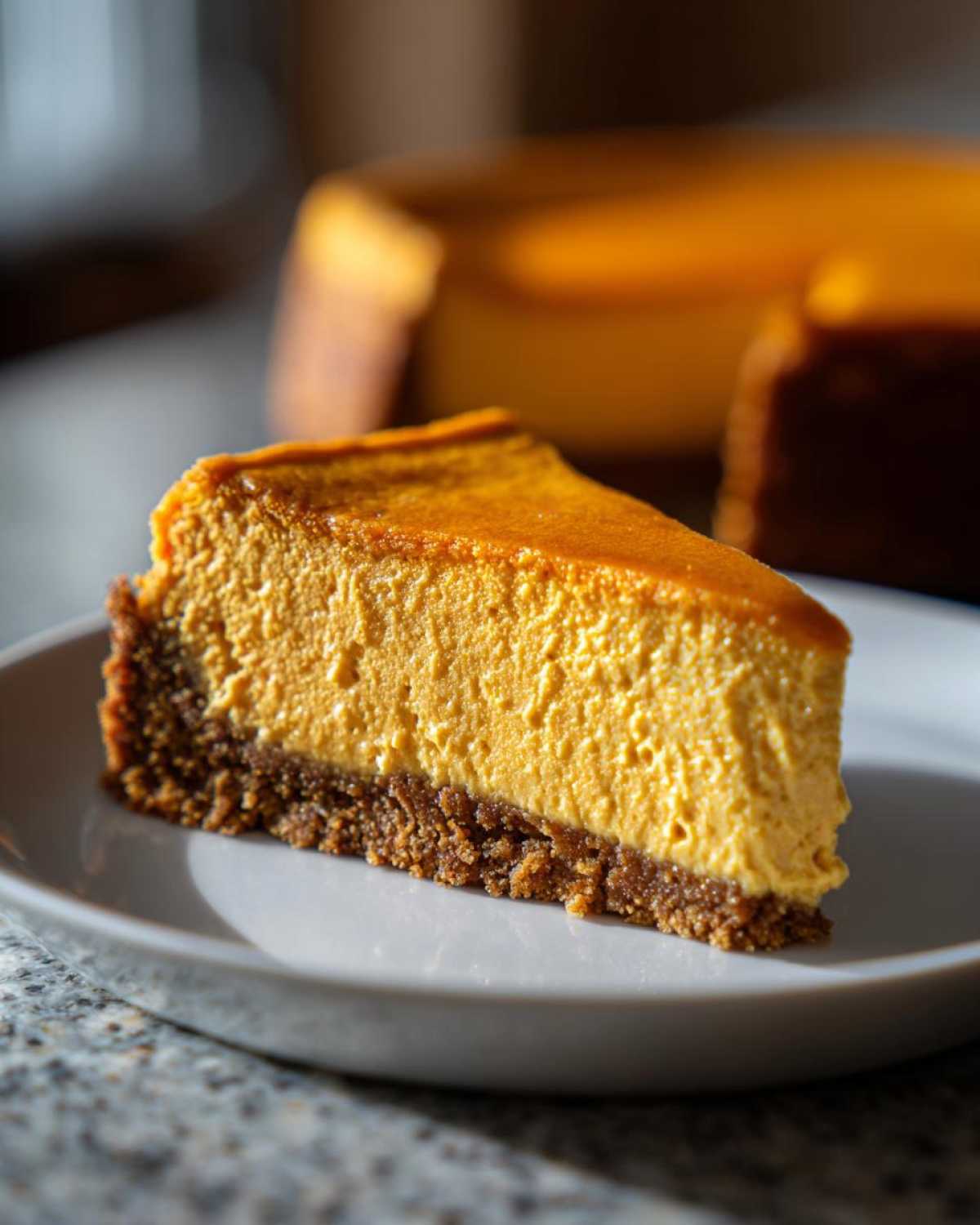 A close-up of a creamy pumpkin cheesecake slice on a white plate, showcasing its rich orange filling and graham cracker crust.