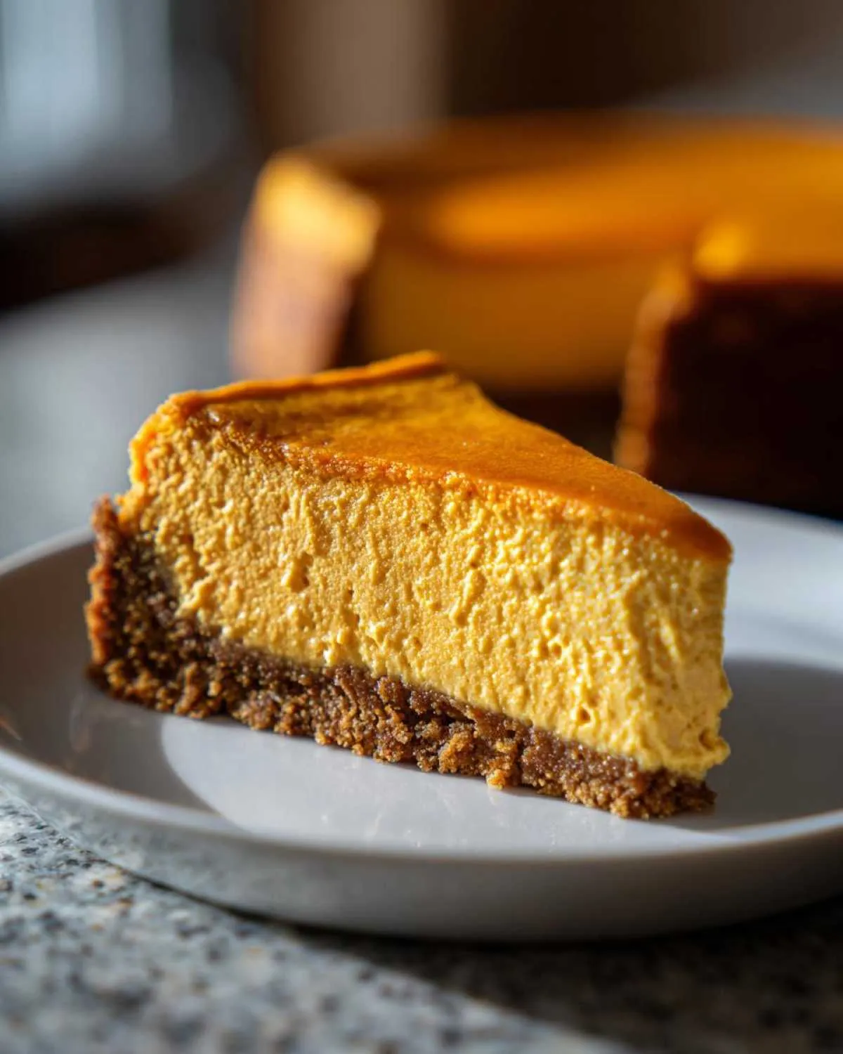 A close-up of a creamy pumpkin cheesecake slice on a white plate, showcasing its rich orange filling and graham cracker crust.