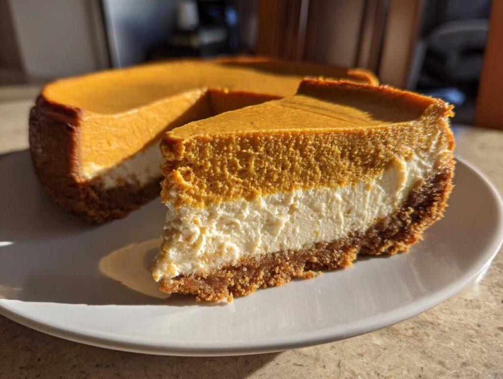 A slice of creamy pumpkin cheesecake with a graham cracker crust on a white plate.