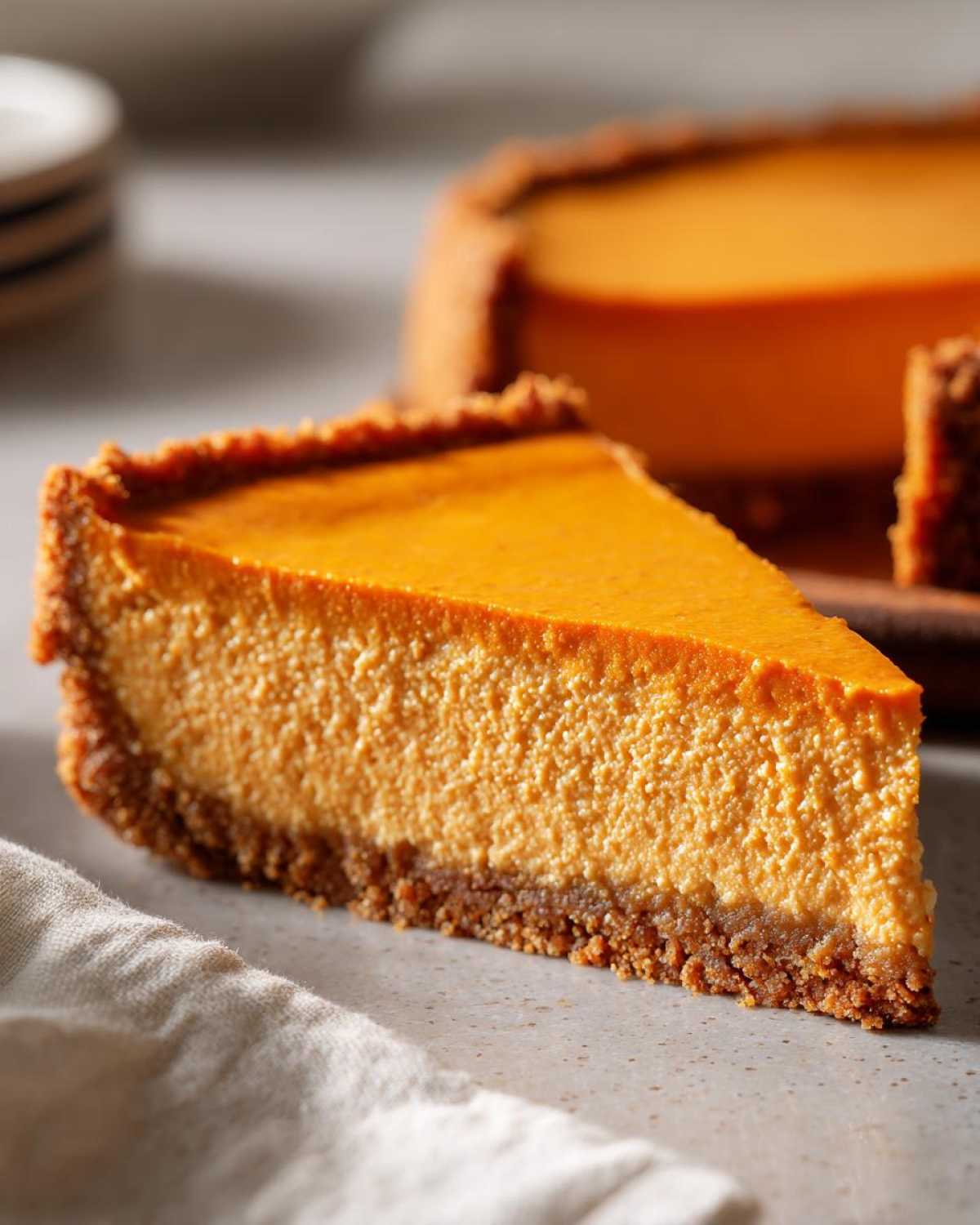 A close-up of a perfectly creamy pumpkin cheesecake slice with a graham cracker crust.