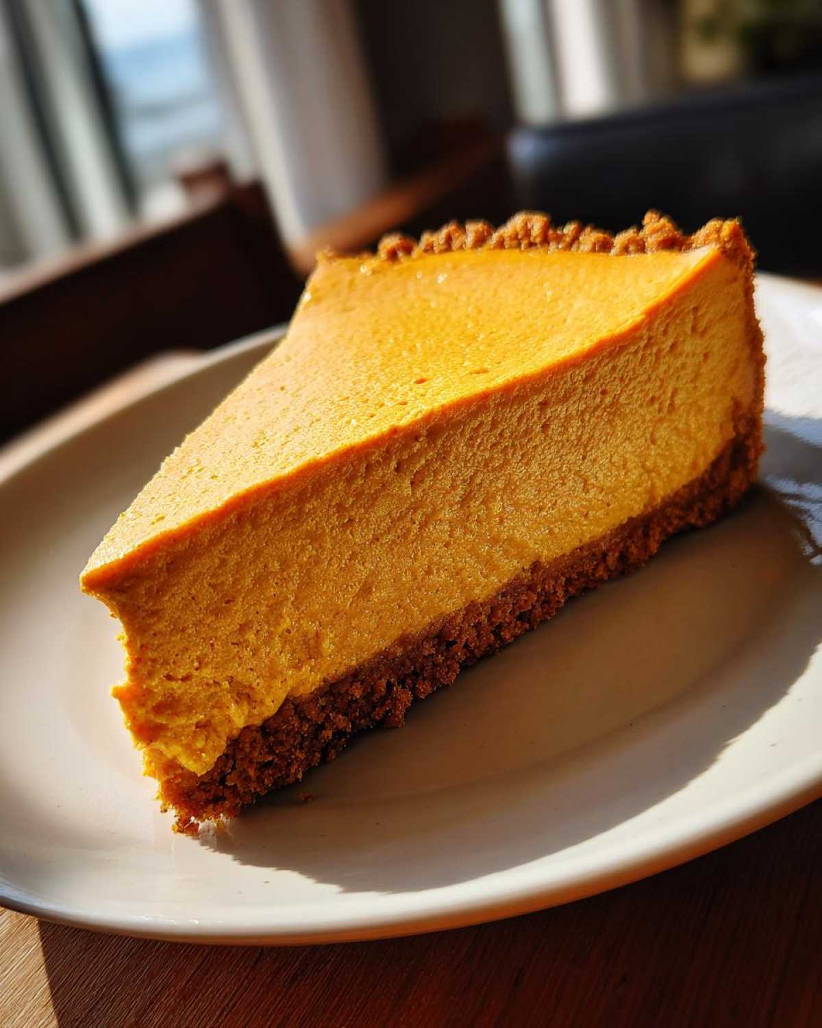 A close-up of a perfectly creamy slice of pumpkin cheesecake on a white plate, showcasing its rich orange filling and graham cracker crust.