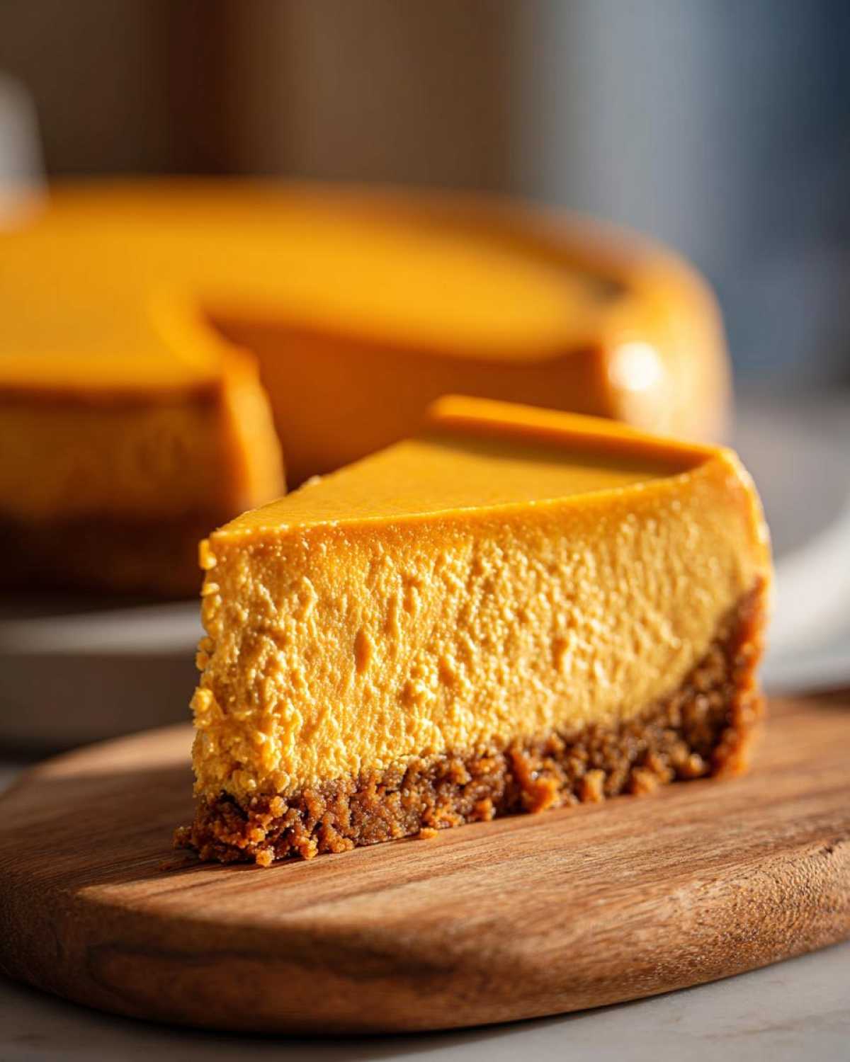 A close-up of a creamy pumpkin cheesecake slice with a graham cracker crust on a wooden board.
