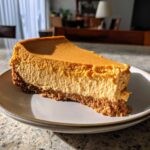 A close-up of a perfectly creamy pumpkin cheesecake slice on a white plate, showcasing its thick texture and graham cracker crust.