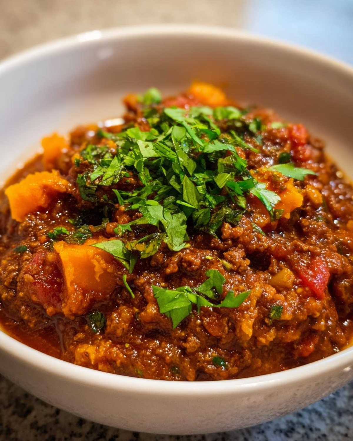A close-up shot of a bowl of hearty pumpkin chili, topped with fresh chopped parsley.