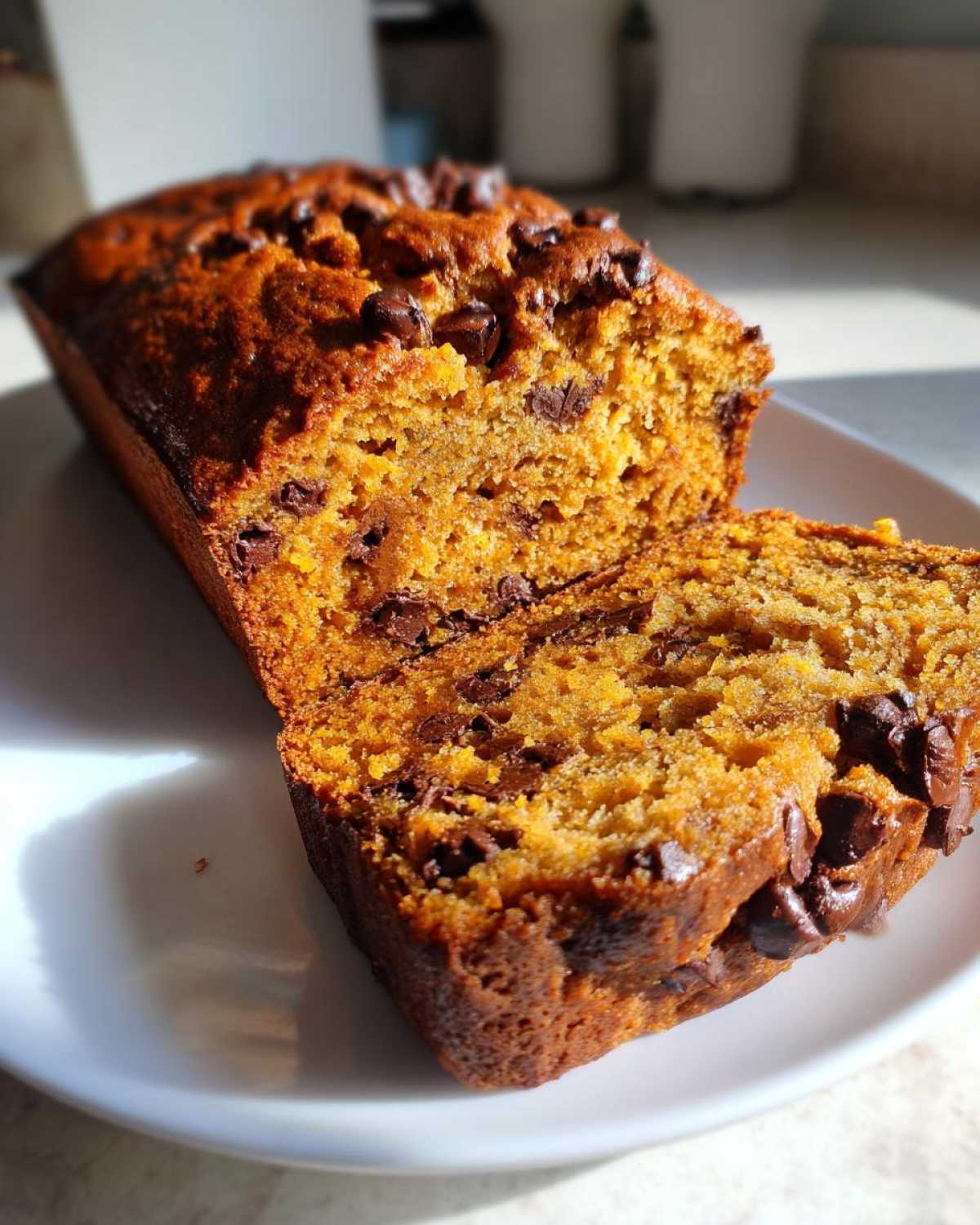 A freshly baked loaf of pumpkin chocolate chip bread, sliced and ready to eat.