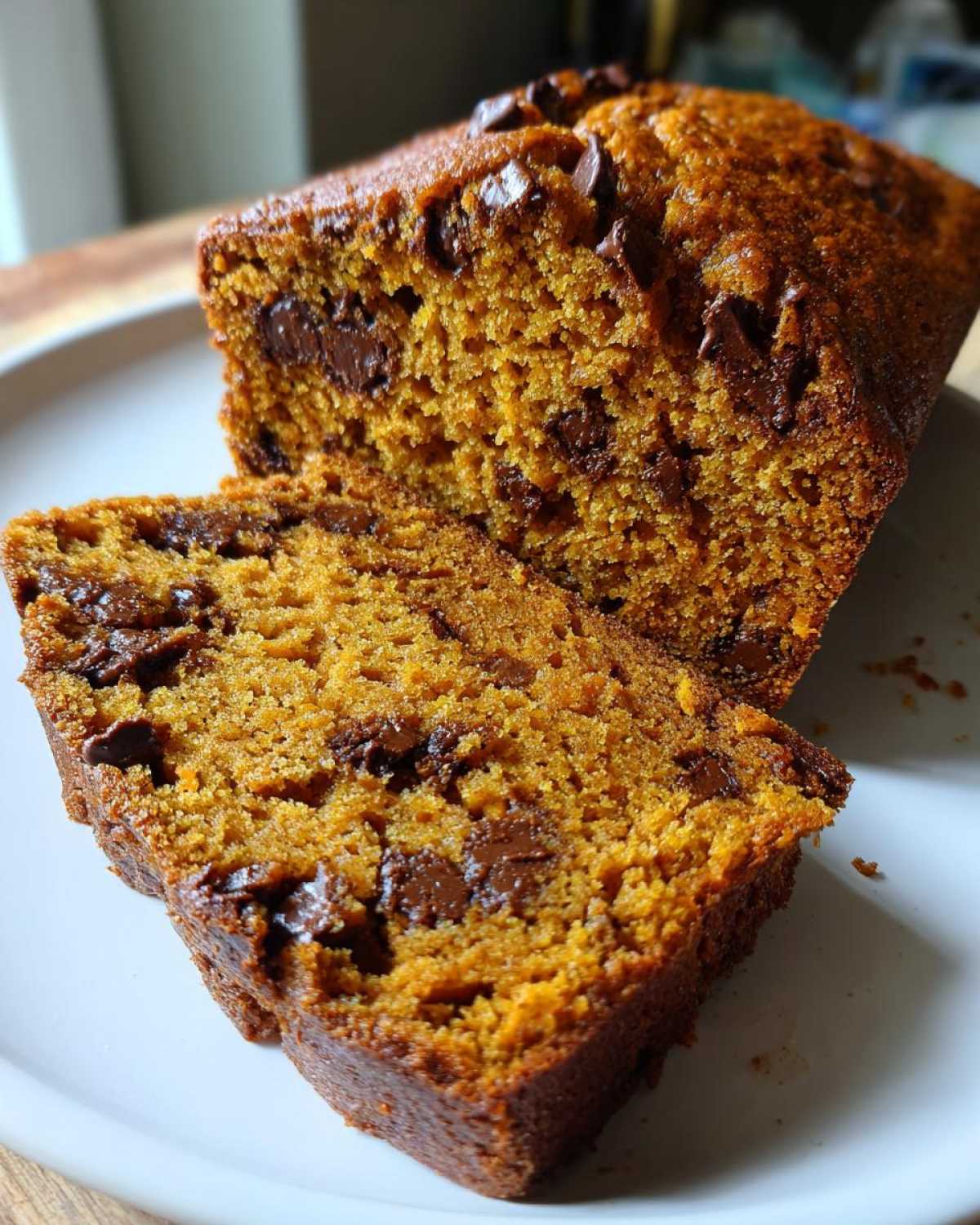 A sliced loaf of pumpkin chocolate chip bread, showcasing the moist texture and chocolate chips.