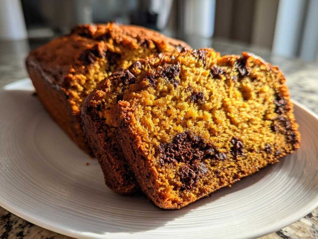 Two slices of moist pumpkin chocolate chip bread on a white plate, showcasing the texture and chocolate chips.