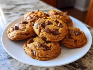 A plate of freshly baked pumpkin chocolate chip cookies, perfect for fall baking.