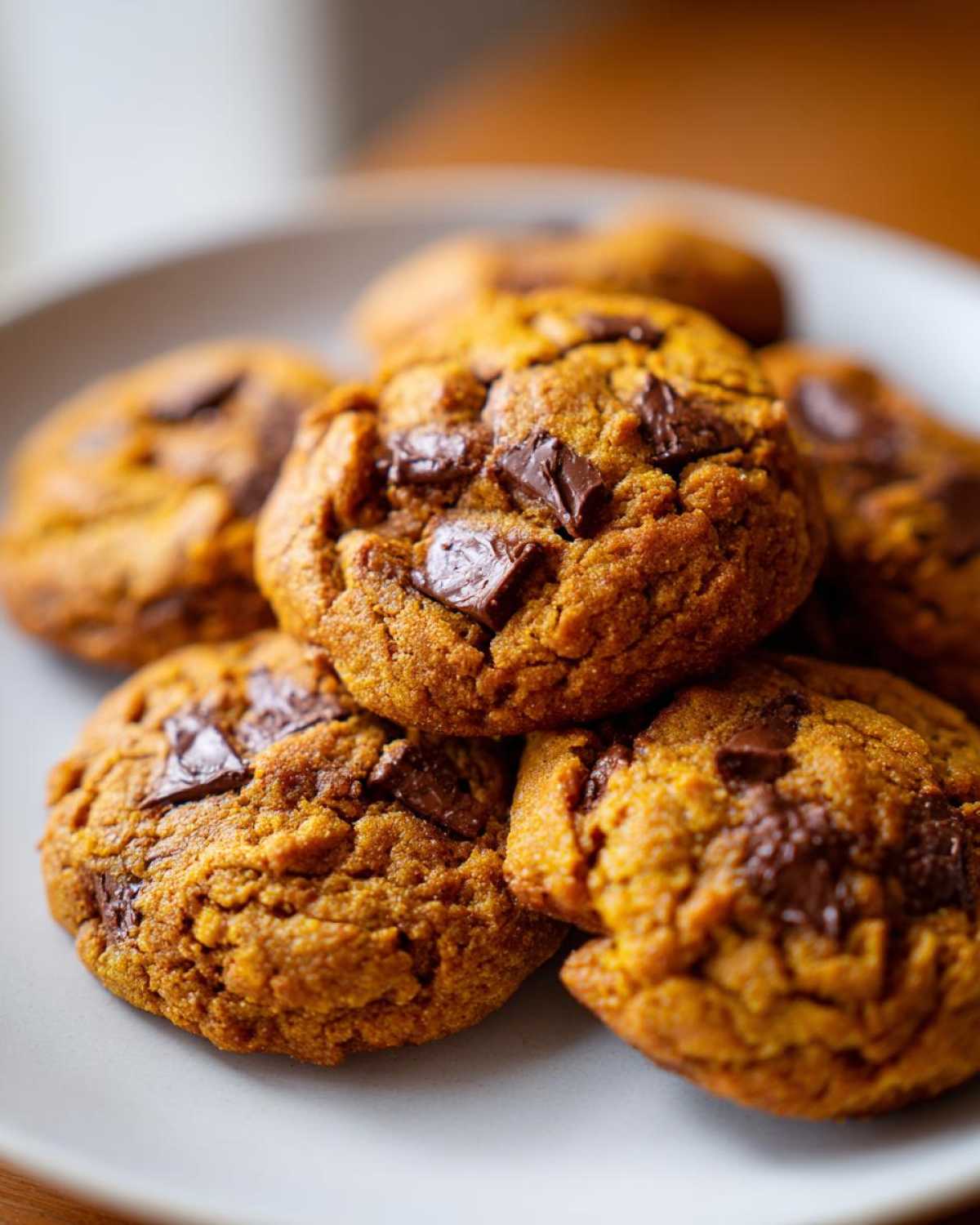 A stack of freshly baked pumpkin chocolate chip cookies on a plate, ready to eat.
