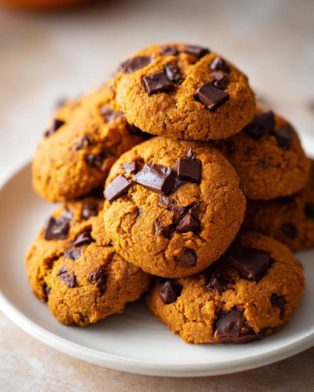 A stack of delicious pumpkin chocolate chip cookies on a plate, showcasing their texture and chocolate chunks.