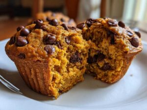 A halved pumpkin chocolate chip muffin on a white plate, showcasing the moist interior and chocolate chips.