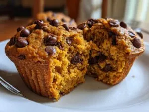 A halved pumpkin chocolate chip muffin on a white plate, showcasing the moist interior and chocolate chips.