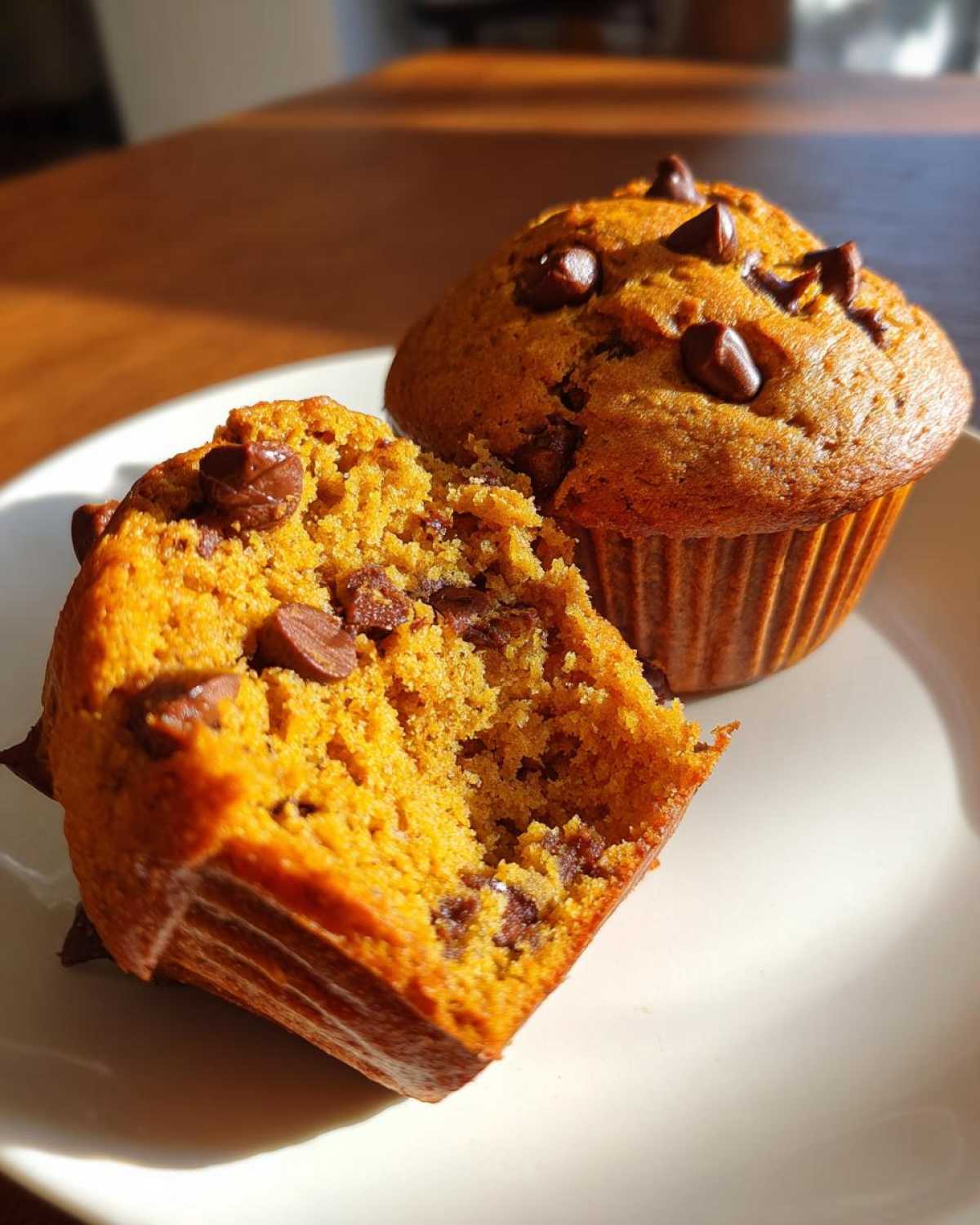 Two pumpkin chocolate chip muffins, one cut in half to show the inside texture and chocolate chips.