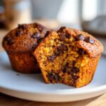 Two pumpkin chocolate chip muffins on a plate, one with a bite taken out to show the inside texture.