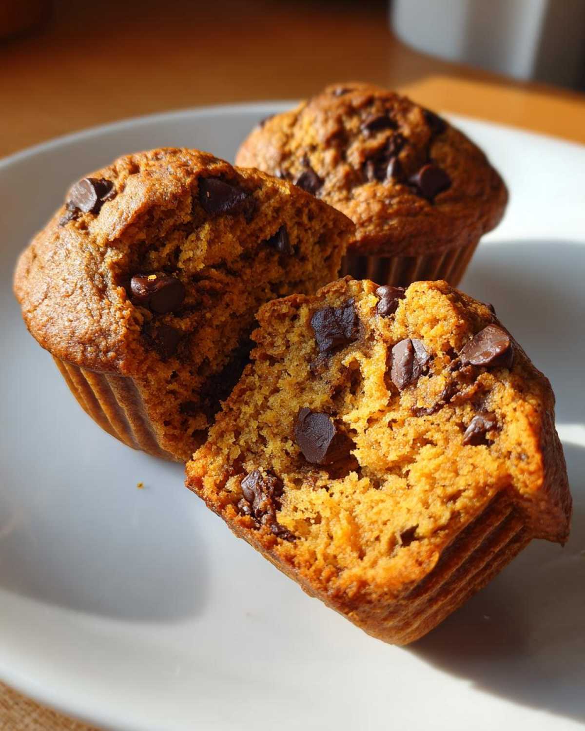 Three pumpkin chocolate chip muffins on a white plate, one muffin is split open to show the inside texture.