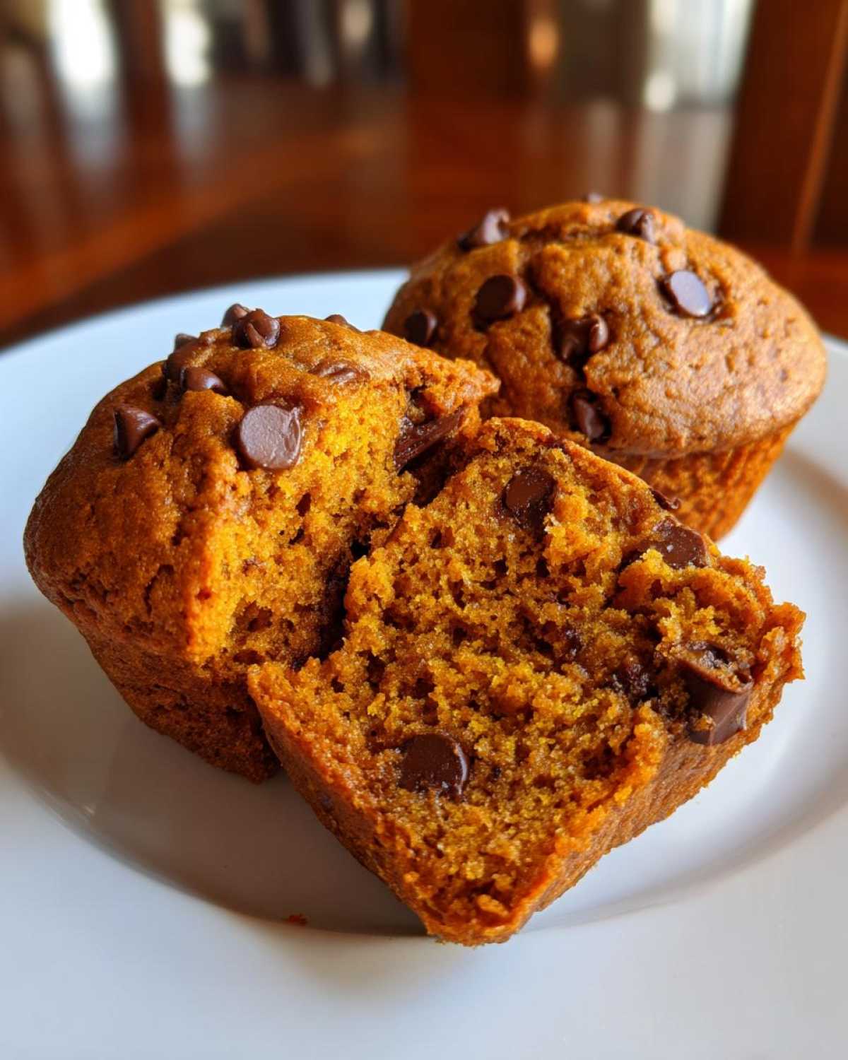 Three pumpkin chocolate chip muffins on a white plate, one muffin is cut in half to show the inside.