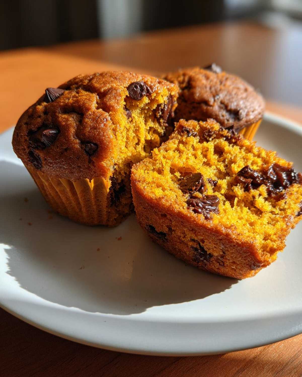 Close-up of pumpkin chocolate chip muffins on a white plate, one muffin cut in half to show the inside.