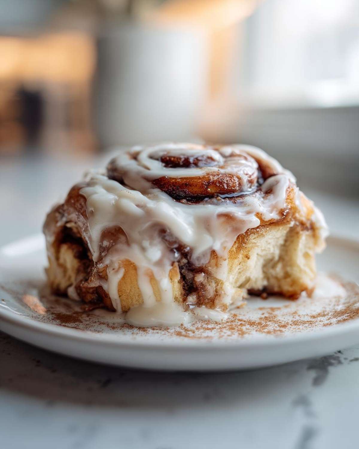 Close-up of a single pumpkin cinnamon roll with white icing on a white plate, dusted with cinnamon.