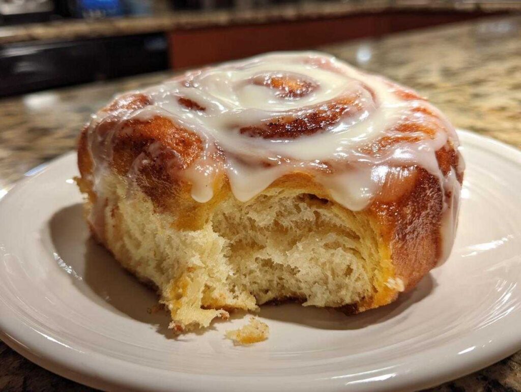 A close-up of a glazed pumpkin cinnamon rolls on a white plate, with a bite taken out.