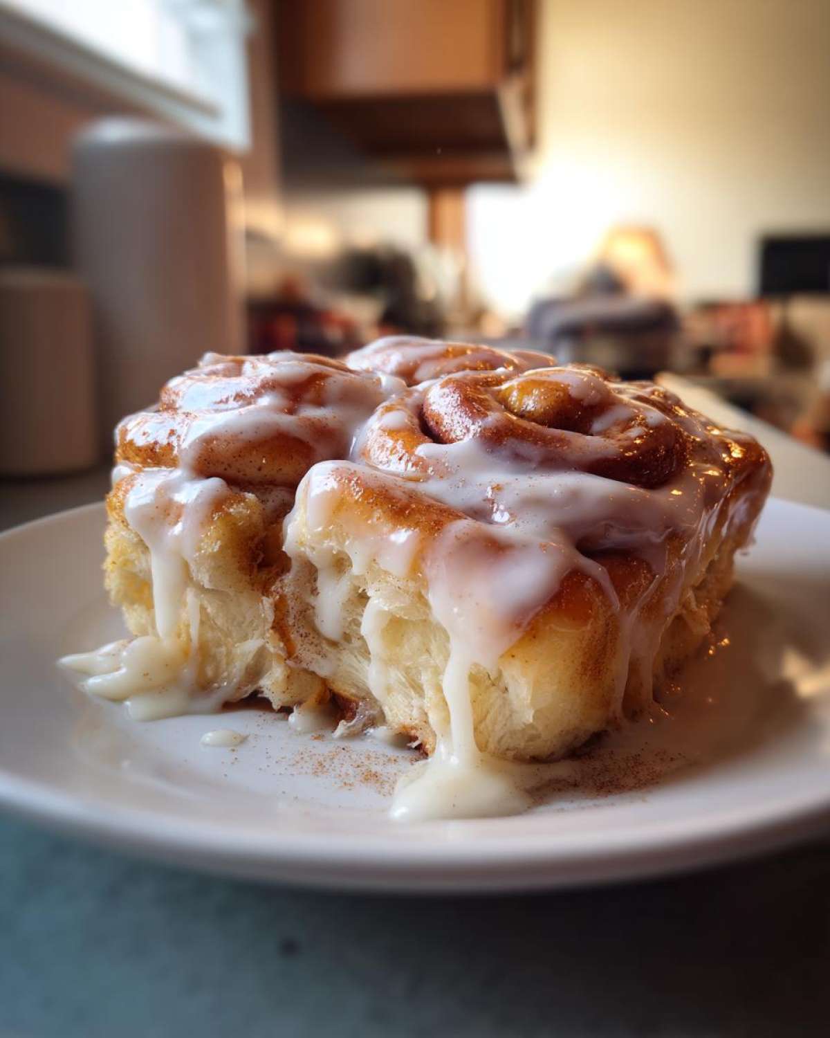 Close-up of delicious pumpkin cinnamon rolls with creamy icing on a white plate.