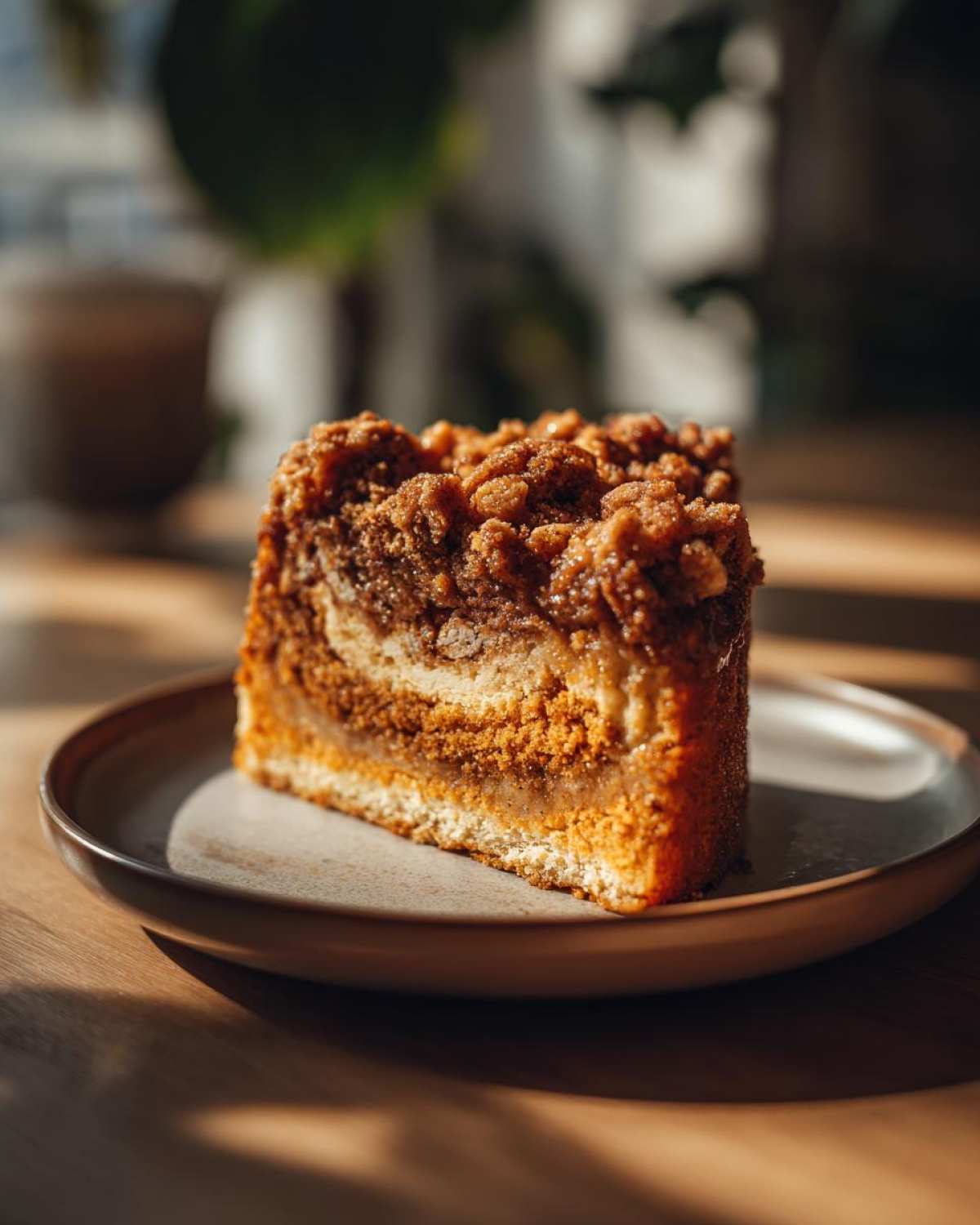 A slice of moist pumpkin coffee cake with a thick cinnamon streusel topping on a plate.