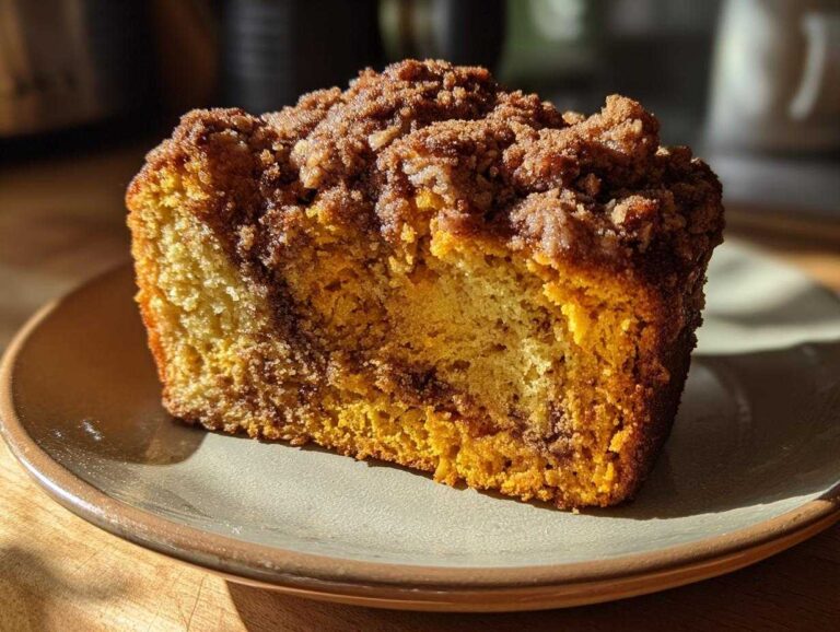 A close-up of a moist slice of pumpkin coffee cake topped with cinnamon streusel, served on a plate.