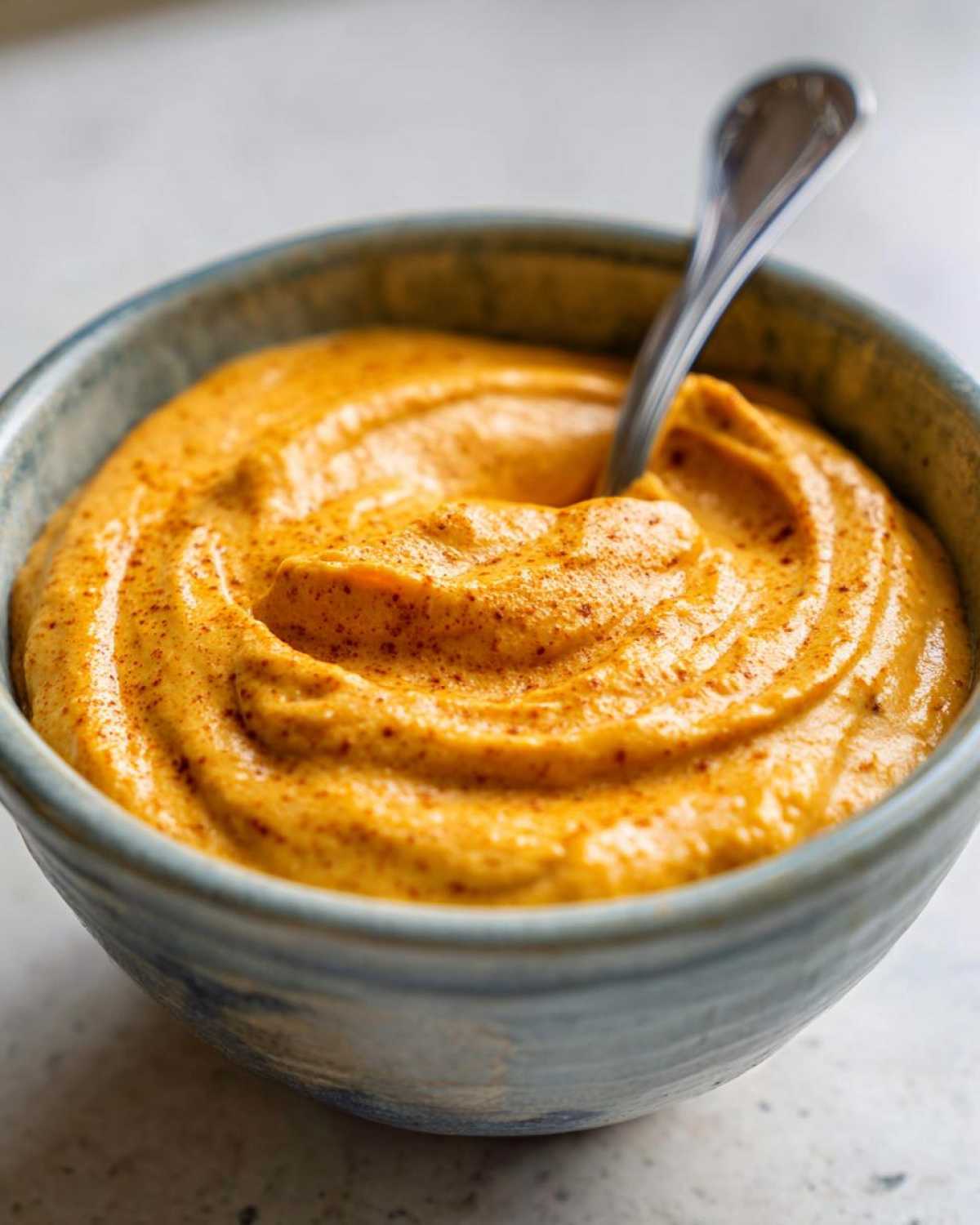 Close-up of homemade pumpkin cream cheese in a blue bowl with a spoon.