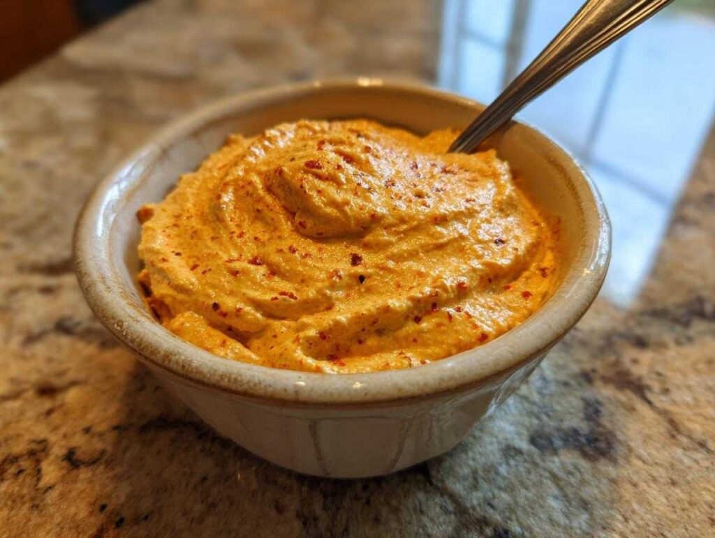A bowl of homemade pumpkin cream cheese dip with a spoon, ready to be enjoyed.