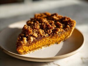 A delicious slice of pumpkin crisp on a plate, showcasing its golden crust and crumbly topping.