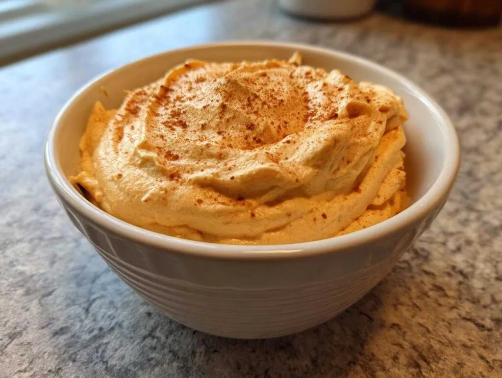 A close-up of a white bowl filled with creamy pumpkin fluff dip, sprinkled with cinnamon.