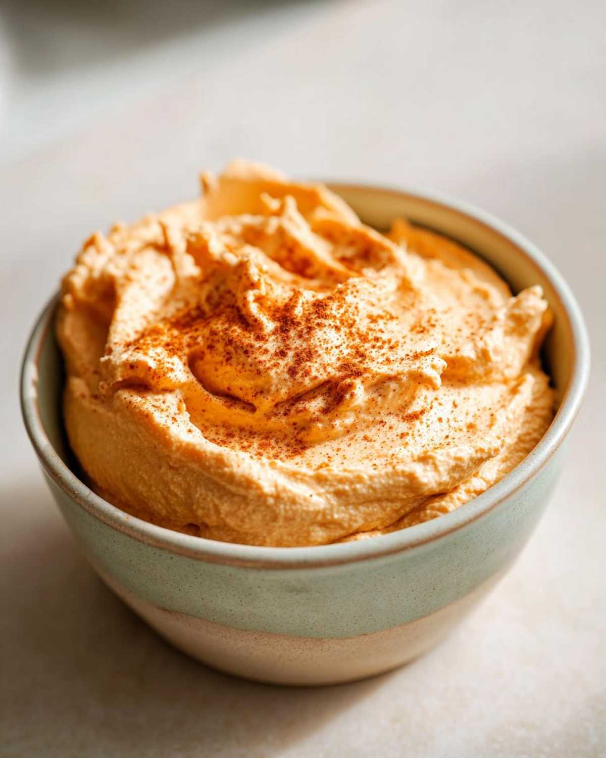 A close-up of a bowl filled with creamy pumpkin fluff dip, dusted with cinnamon.