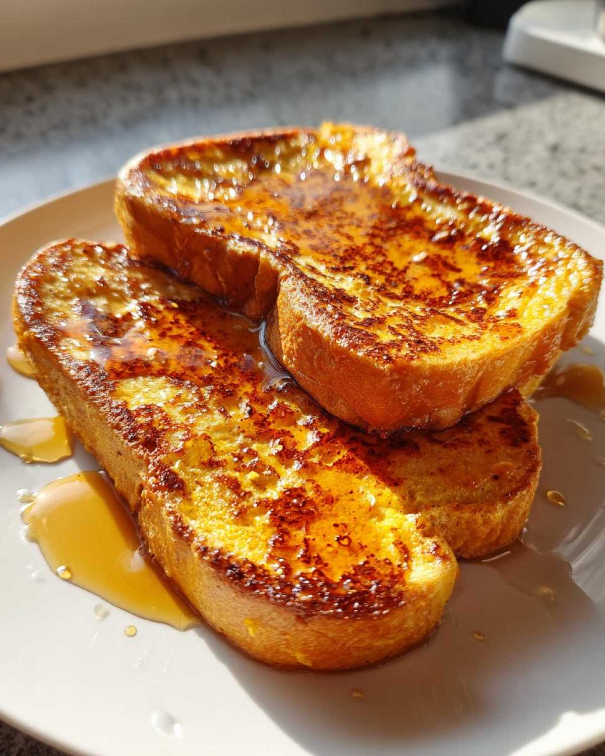 Stack of golden Pumpkin French Toast slices drizzled with syrup on a white plate, ready to eat.