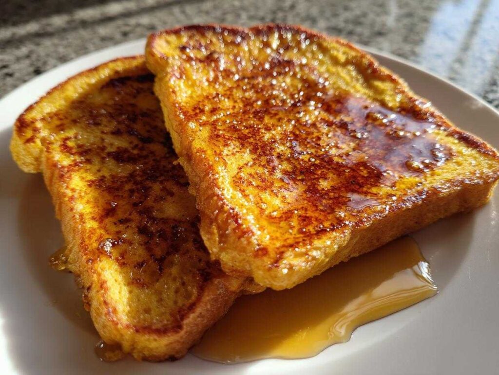 Two slices of golden pumpkin french toast on a white plate, drizzled with syrup.