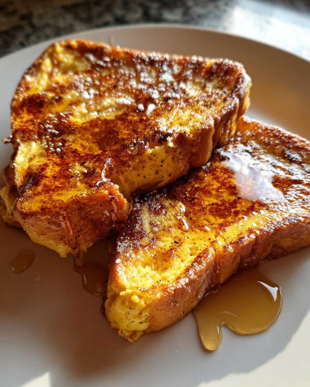 Two slices of golden-brown pumpkin french toast drizzled with syrup on a plate, ready to eat.