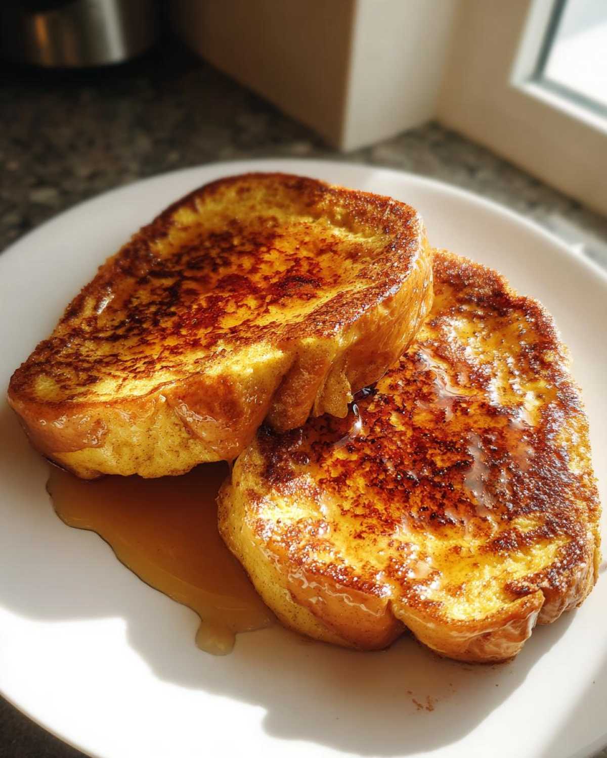 Two slices of pumpkin french toast on a white plate, drizzled with syrup. Perfect for brunch!