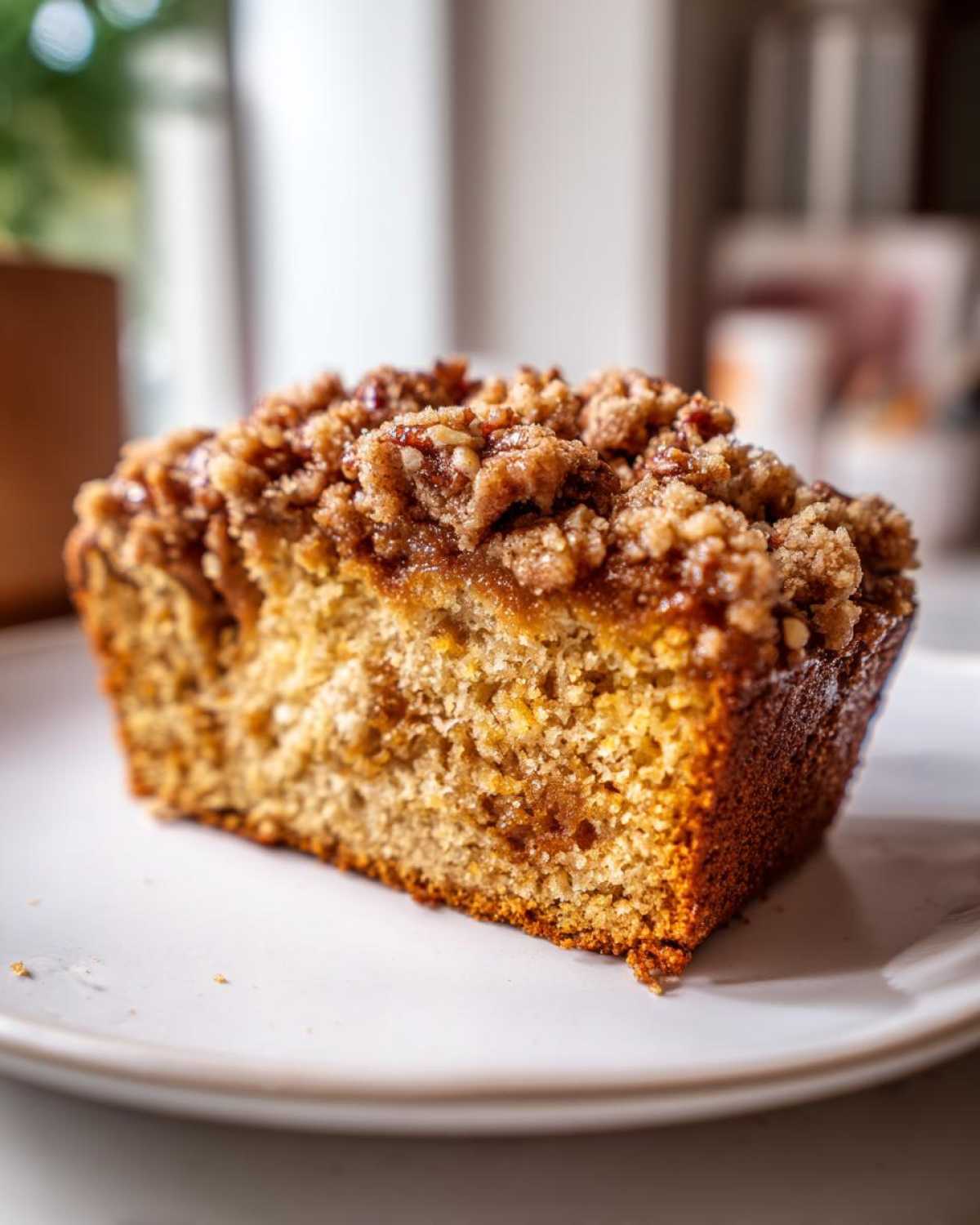 A slice of pumpkin loaf with a delicious streusel topping on a white plate, ready to eat.