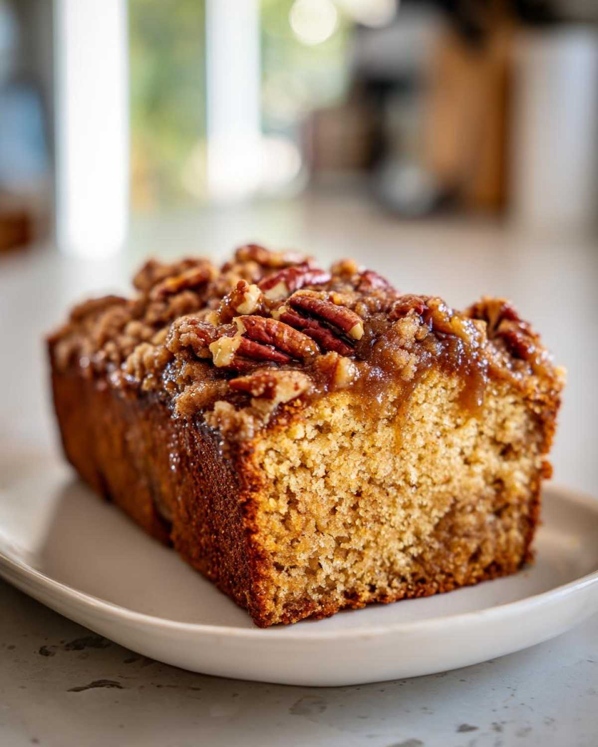 Close-up of a slice of pumpkin loaf with a streusel and pecan topping on a white plate.