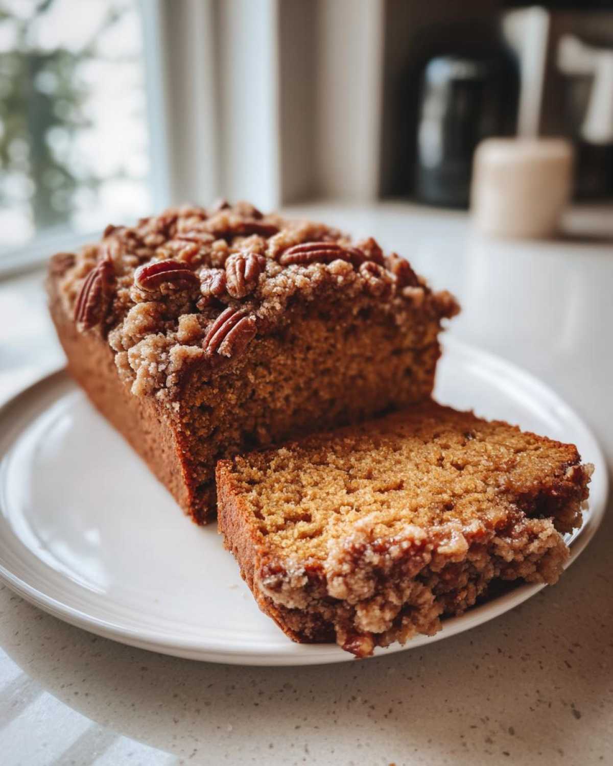 A slice of moist pumpkin loaf with a streusel topping and pecans on a white plate.