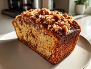 A slice of pumpkin loaf topped with a delicious streusel topping, sitting on a plate.