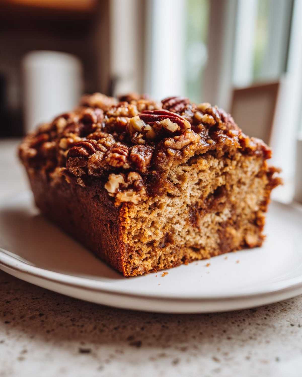Close-up of a pumpkin loaf with a pecan streusel topping on a white plate.