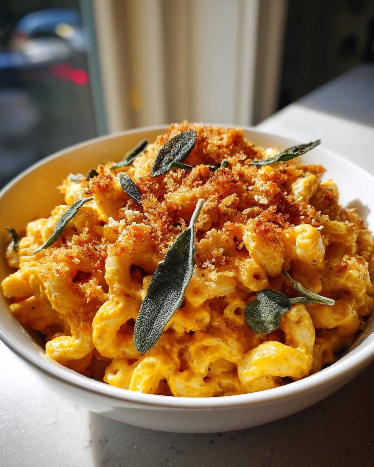 Close-up of creamy pumpkin mac and cheese topped with breadcrumbs and fresh sage leaves.