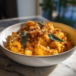 A close-up of a bowl of creamy pumpkin mac and cheese topped with breadcrumbs and sage leaves.