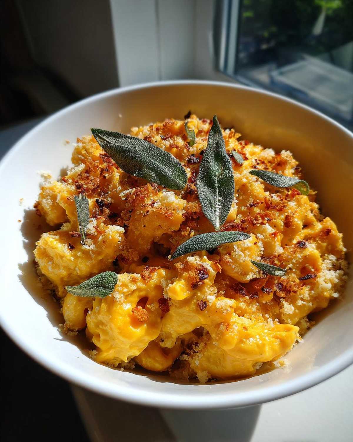 A bowl of creamy pumpkin mac and cheese topped with crispy breadcrumbs and fresh sage leaves.