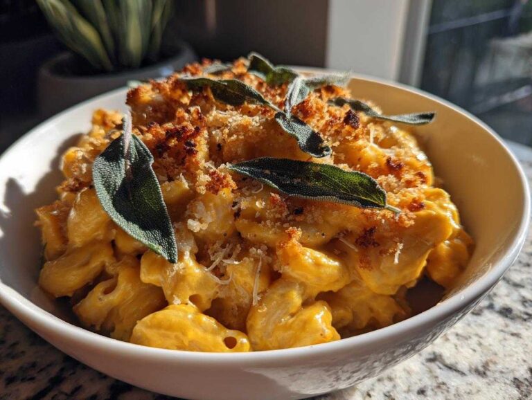 A close-up of a bowl of creamy pumpkin mac and cheese topped with crispy breadcrumbs and fresh sage leaves.
