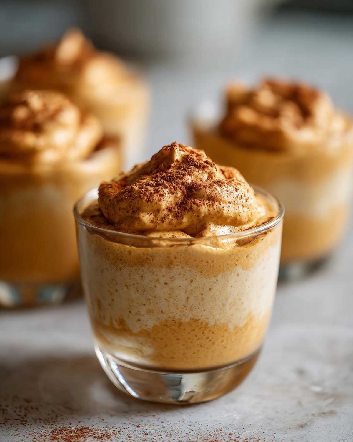 Close-up of a glass filled with creamy pumpkin mousse, topped with cinnamon.