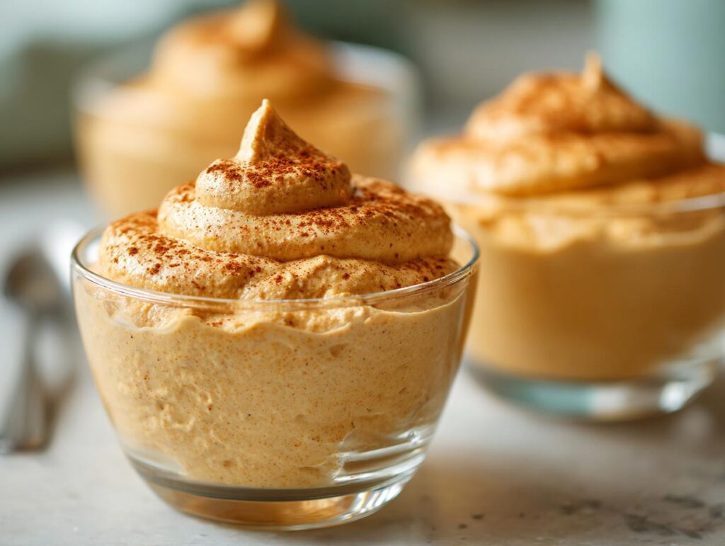 Close-up of a creamy pumpkin mousse dessert, topped with cinnamon, in a glass bowl.